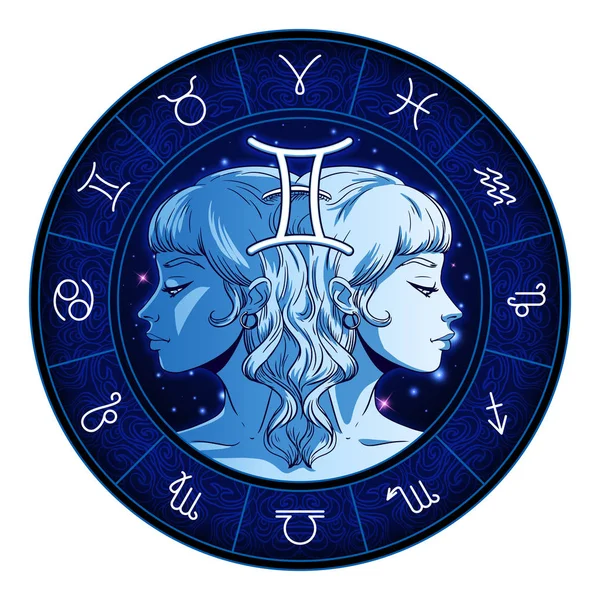 Gemini zodiac sign artwork, beautiful girl face, horoscope symbo — Stock Vector