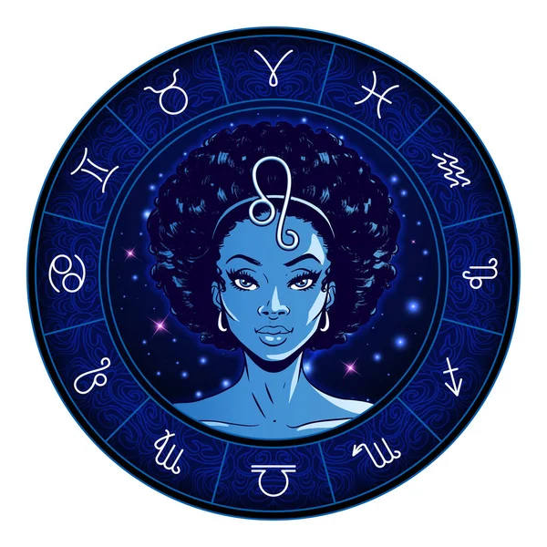 Leo signo del zodiaco obras de arte, cara de chica hermosa, símbolo de horóscopo , — Vector de stock