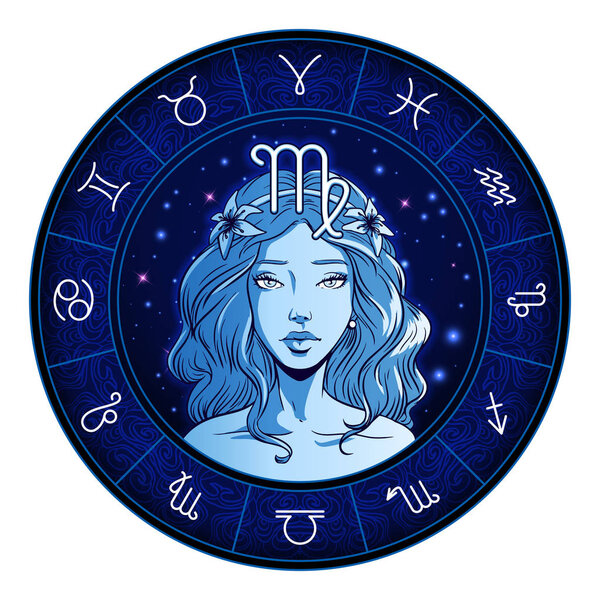 Virgo zodiac sign artwork, beautiful girl face, horoscope symbol