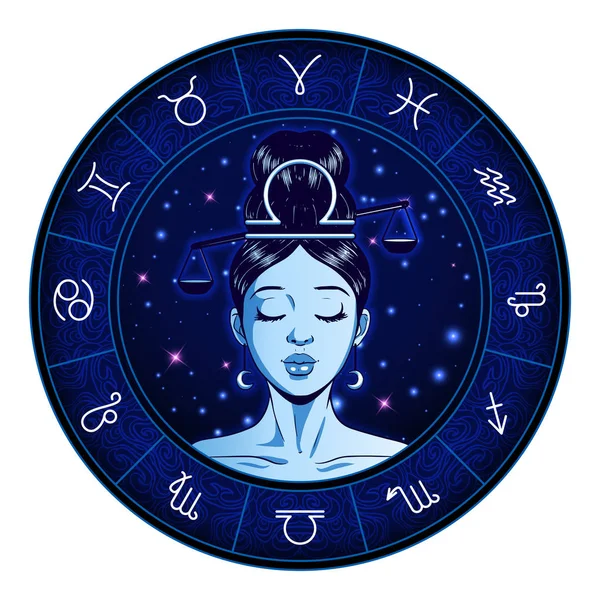 Libra signo del zodiaco obras de arte, cara de chica hermosa, símbolo de horóscopo — Vector de stock