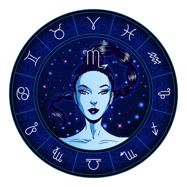 Skorpion Tierkreiszeichen Kunstwerk, schönes Mädchengesicht, Horoskopsymbole — Stockvektor