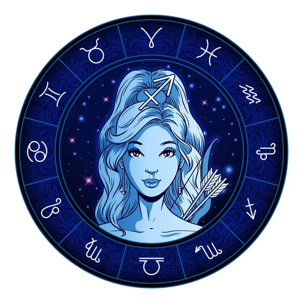 Τοξότης zodiac σημάδι τέχνης, πρόσωπο όμορφο κορίτσι, ωροσκόπιο — Διανυσματικό Αρχείο