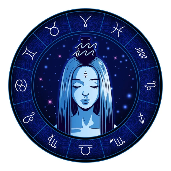 Kresby znamení zvěrokruhu Vodnář, krásná dívka tvář, horoskop sym — Stockový vektor