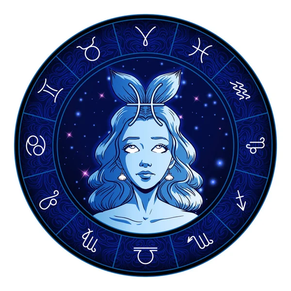 Poissons signe du zodiaque illustration, beau visage de fille, horoscope symbo — Image vectorielle