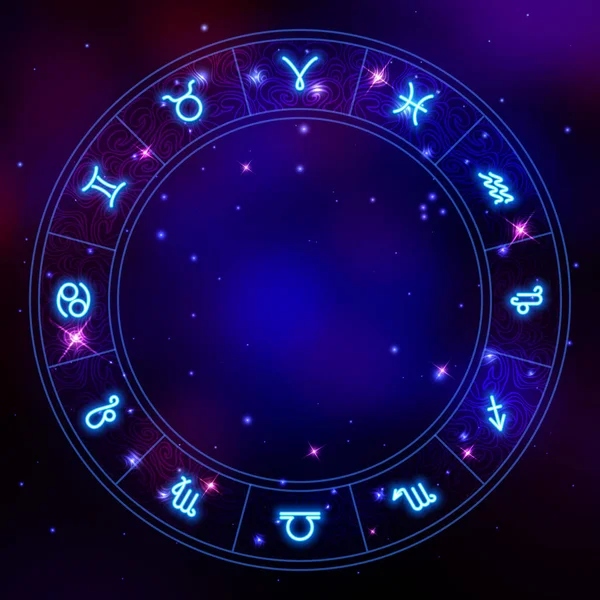 Zodiac circle frame, star constellations, horoscope symbols, vec — Stock Vector