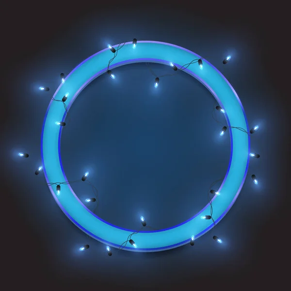 Μπλε ρετρό κύκλο νέον πλαίσιο, οδήγησε λαμπερά φώτα — Διανυσματικό Αρχείο