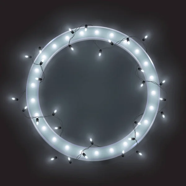 Zilveren retro Neon cirkelframe, LED glanzende verlichting slinger, Vector — Stockvector