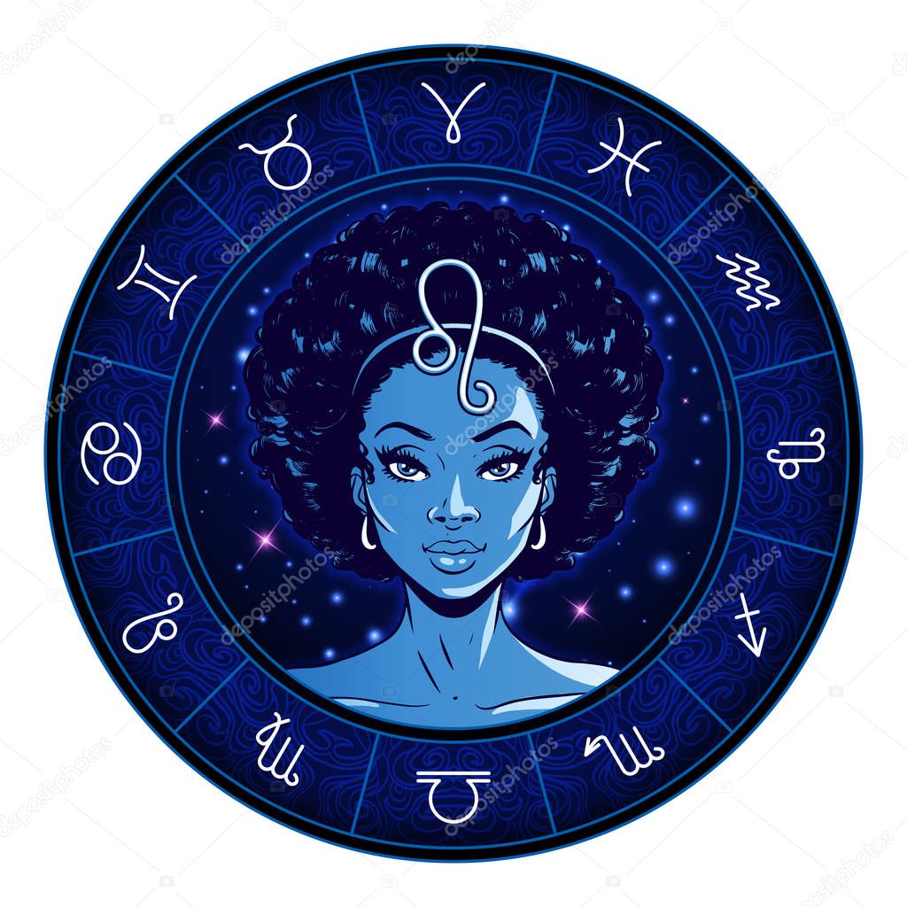 Leo zodiac sign artwork, beautiful girl face, horoscope symbol, 