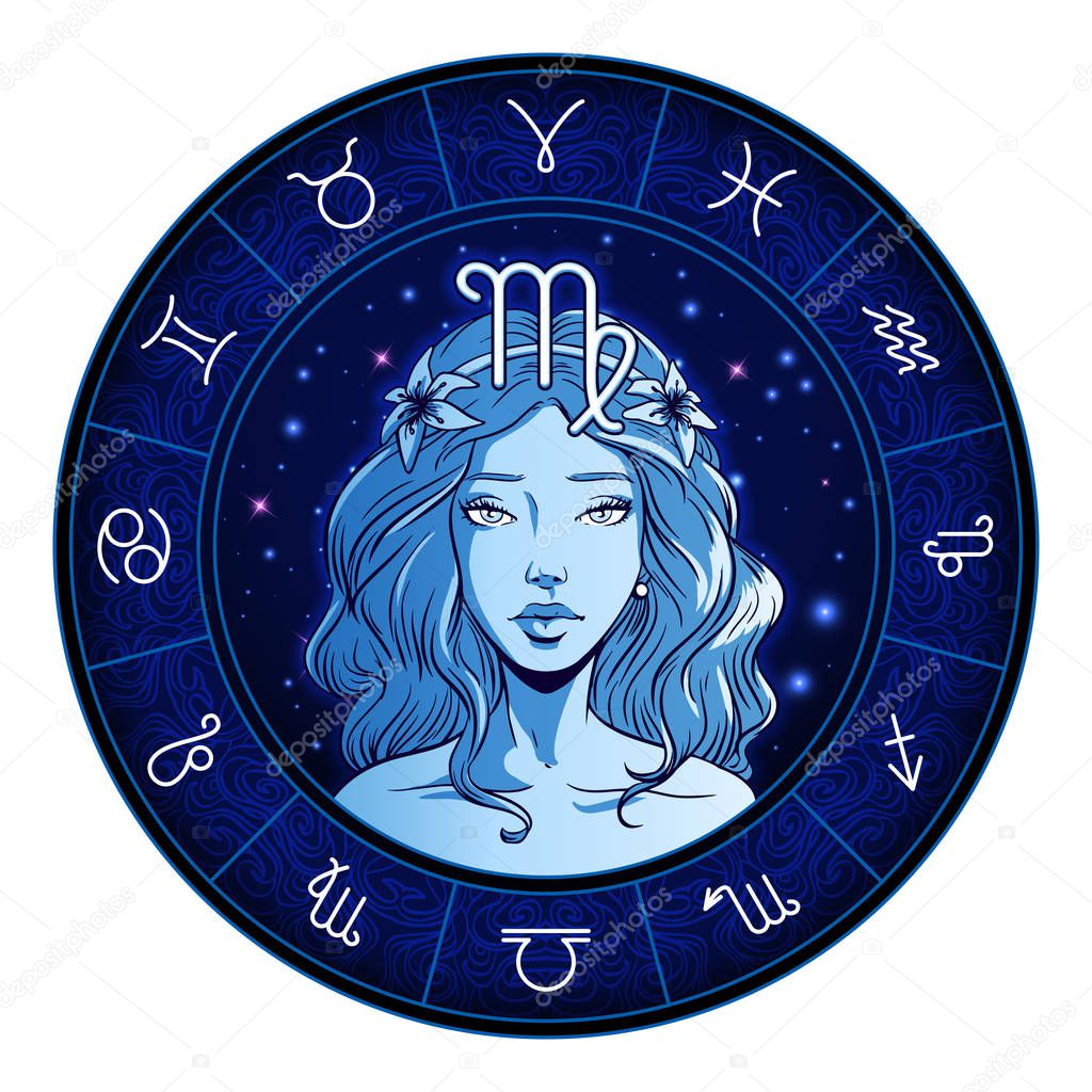 Virgo zodiac sign artwork, beautiful girl face, horoscope symbol