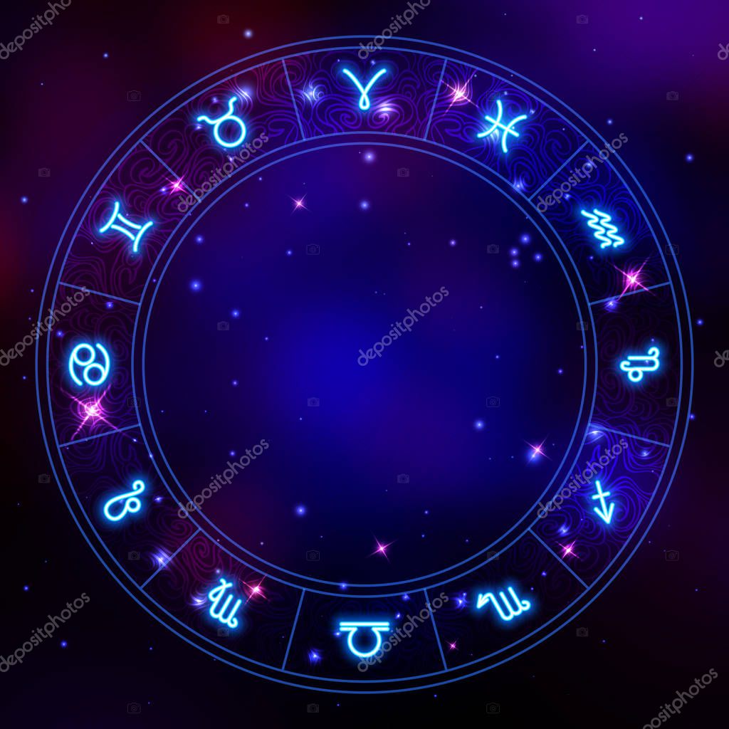 Zodiac circle frame, star constellations, horoscope symbols, vector illustration