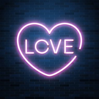 Kalp şeklinde Aşk parlak neon metin kompozisyonu, vektör illustra