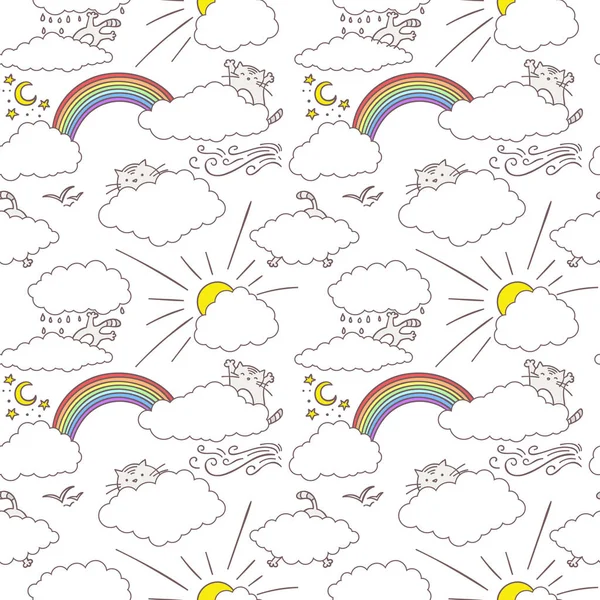 Lindos gatos en el cielo feliz diseño de patrón sin costura infantil. Tex — Archivo Imágenes Vectoriales