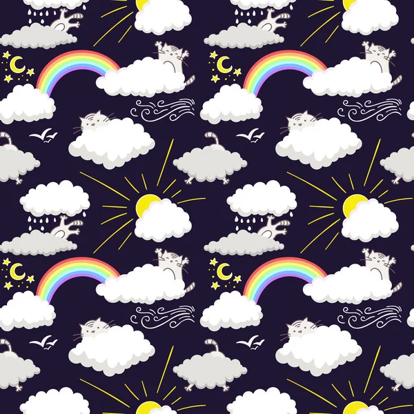 Chats mignons dans le ciel motif heureux enfantin sans couture design. Tex — Image vectorielle