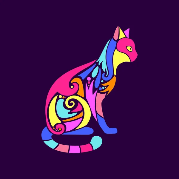 Silhueta de gato colorido ornamentado, ilustração vetorial decorativa — Vetor de Stock
