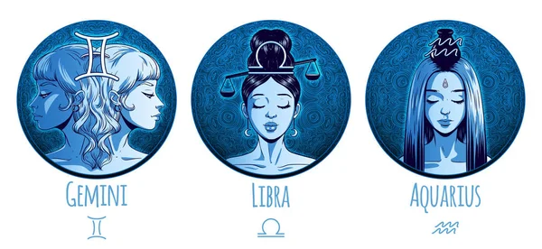 Air zodiac set, beautiful girls, Gemini, Libra, Aquarius, horosc — Stock Vector
