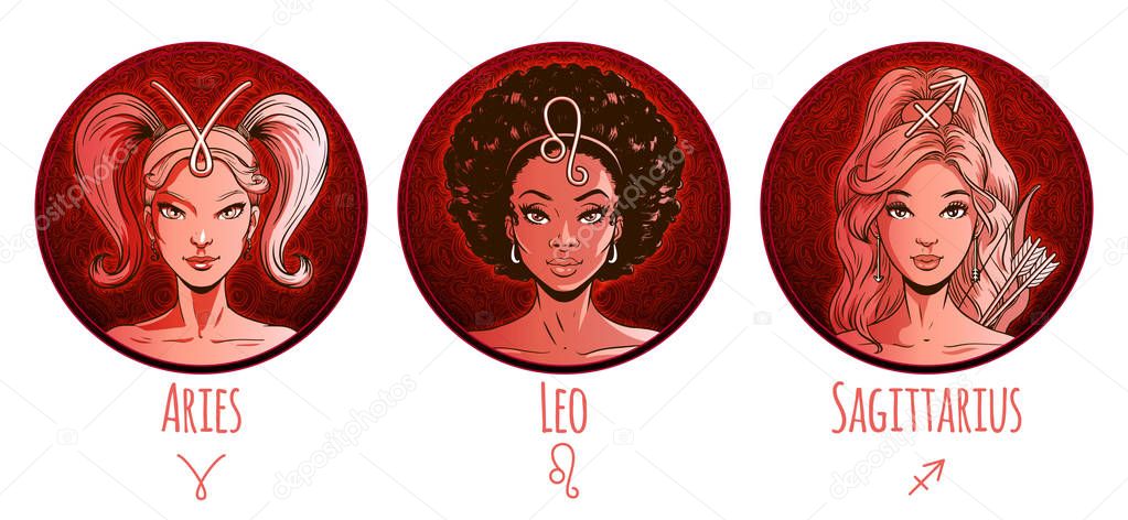 Fire zodiac set, beautiful girls, Aries, Leo, Sagittarius, horos