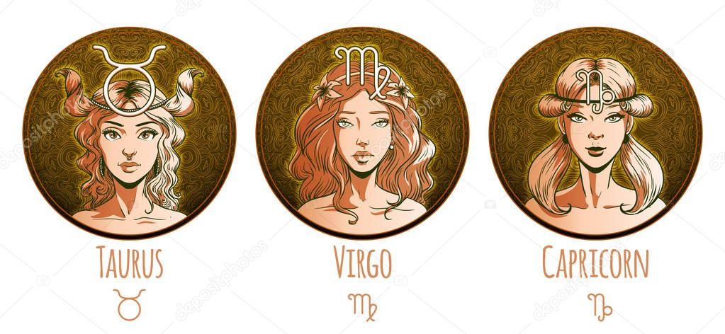 Earth zodiac set, beautiful girls, Taurus, Virgo, Capricorn, hor