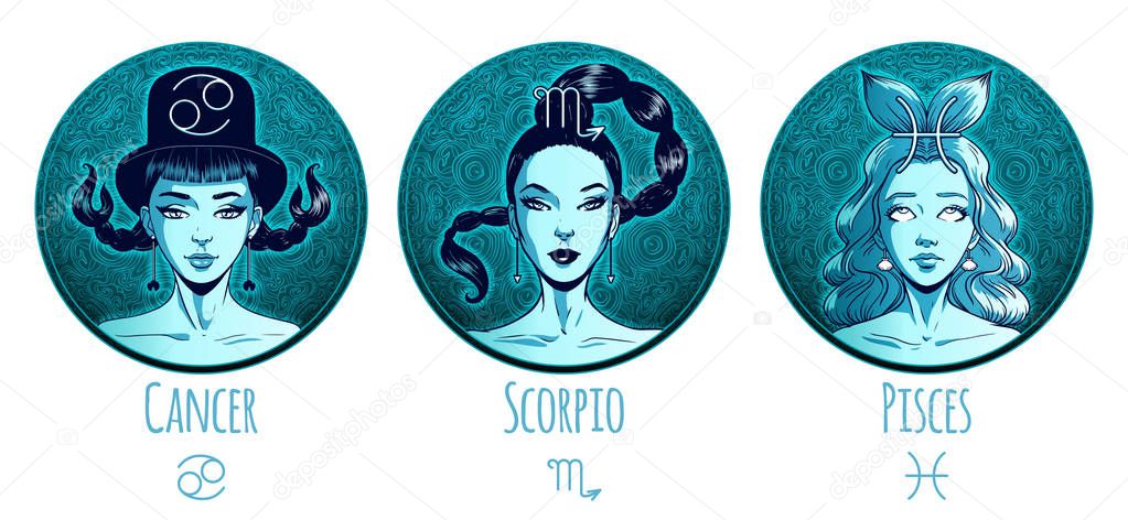 Water zodiac set, beautiful girls, Cancer, Scoprio, Pisces, horo
