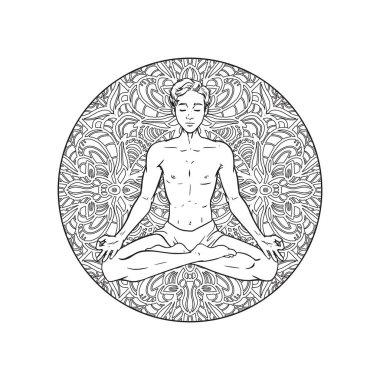 Mandala arka plan üzerinde meditasyon yogi Çizim, rahat adam