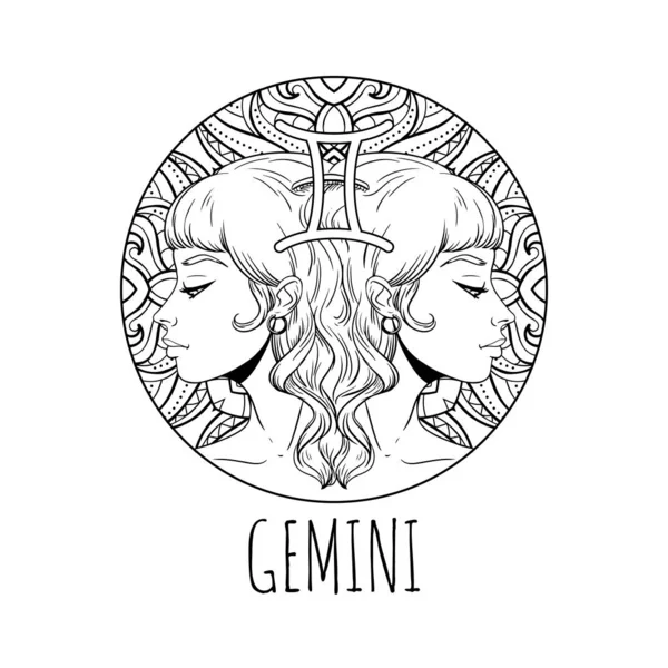 Géminis signo del zodiaco obras de arte, página del libro para colorear para adultos, hermoso — Vector de stock