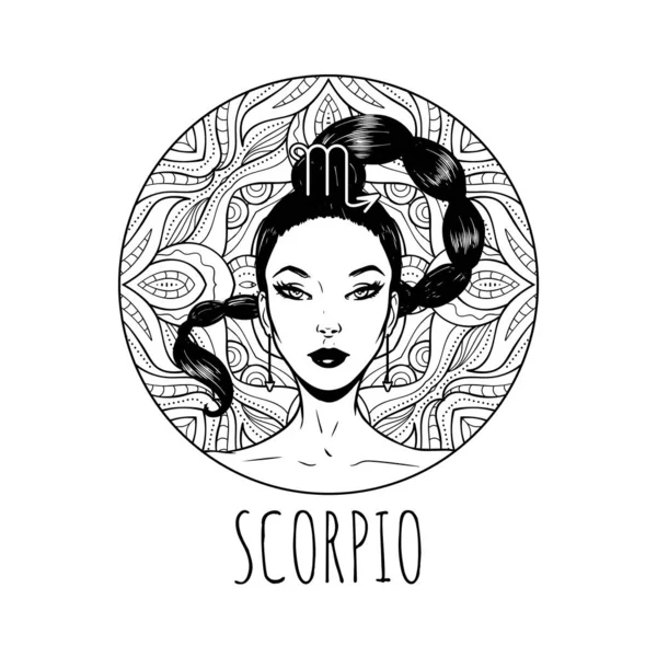 Scorpione segno zodiacale opere d'arte, adulto da colorare libro pagina, bella — Vettoriale Stock