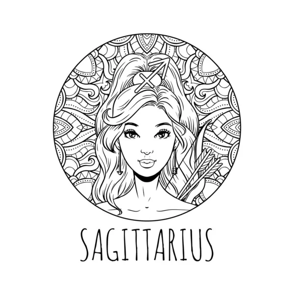 Sagittarius zodiac sign artwork, adult coloring book page, beaut — Stock Vector