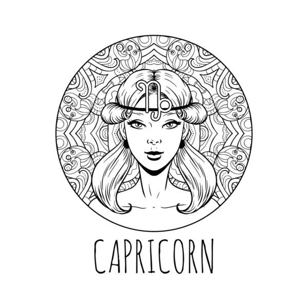 Capricorn zodiac semn opera de arta, pagina carte de colorat pentru adulți, frumusete — Vector de stoc