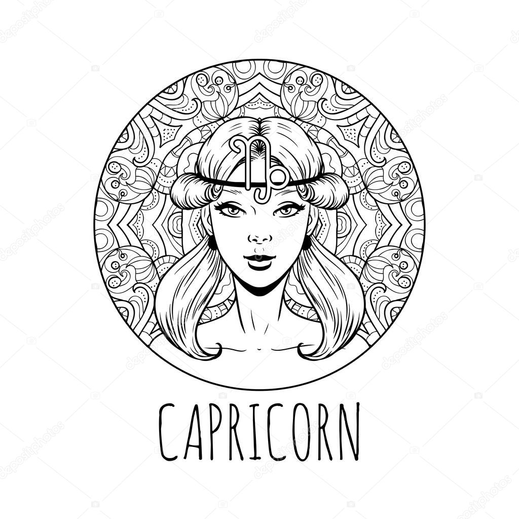Capricorn zodiac sign artwork, adult coloring book page, beautif