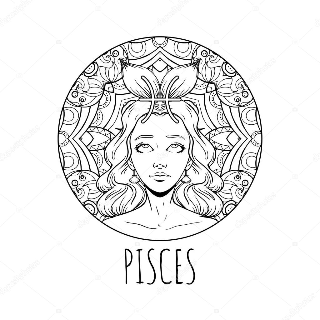 Pisces zodiac sign artwork, adult coloring book page, beautiful — Stock