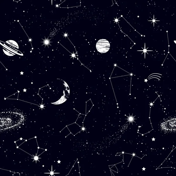 Patrón inconsútil del espacio con constelaciones del zodiaco, galaxia, estrellas — Archivo Imágenes Vectoriales
