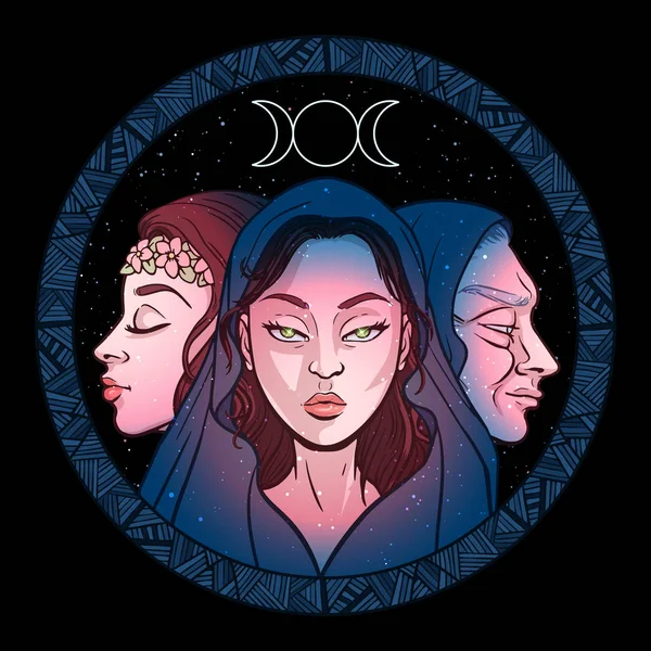 Triple diosa como doncella, madre y bruja, hermosa mujer, sym — Vector de stock