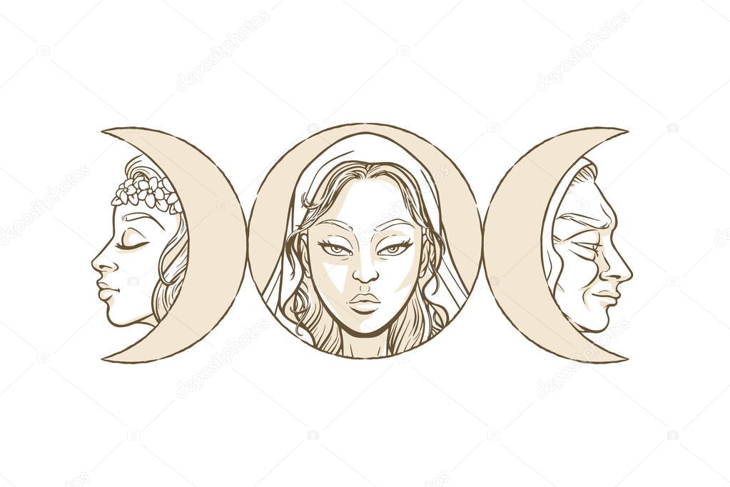 Triple goddess as Maiden, Mother and Crone, beautiful woman, sym