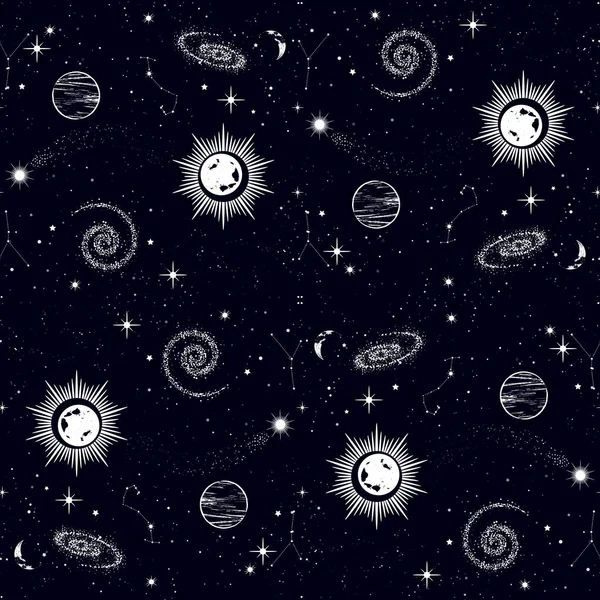 空間シームレスパターン、美しい銀河、星、惑星、コンステ — ストックベクタ
