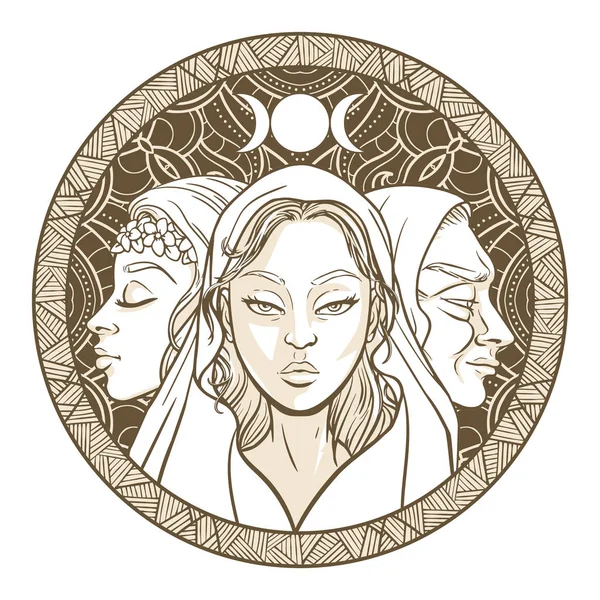 Tripla deusa como donzela, mãe e coroa, mulher bonita, sym — Vetor de Stock