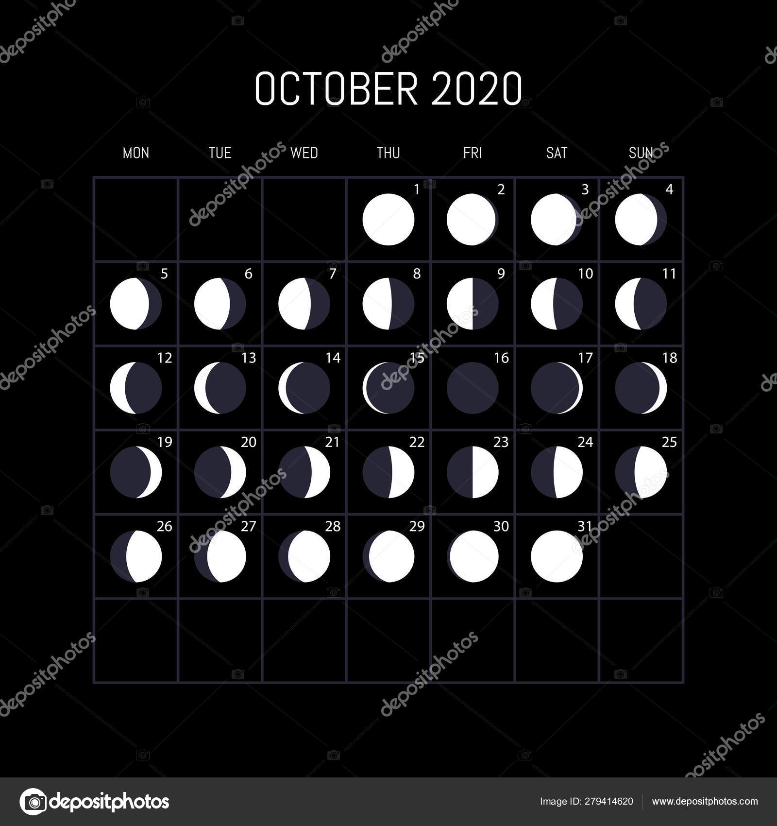 Moon Phases Calendar For 2020 Year October Night