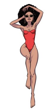 Mayo giymiş genç, güzel siyah kadın. Plaj kızı, bikini, toplamı