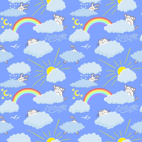 Lindos gatos en el cielo feliz diseño de patrón sin costura infantil. Tex — Archivo Imágenes Vectoriales