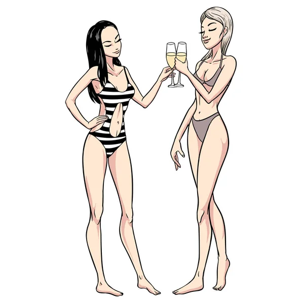 Two beautiful young women in swimsuit holding champagne glasses. — Stock Vector