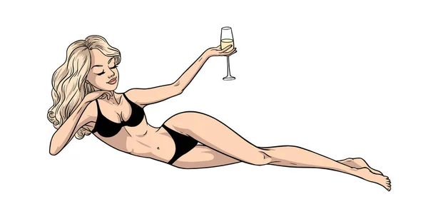 Ung vacker blond kvinna i baddräkt håller en Champagne gla — Stock vektor