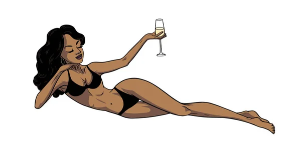 Ung vacker svart kvinna i baddräkt som håller ett champagneglas — Stock vektor