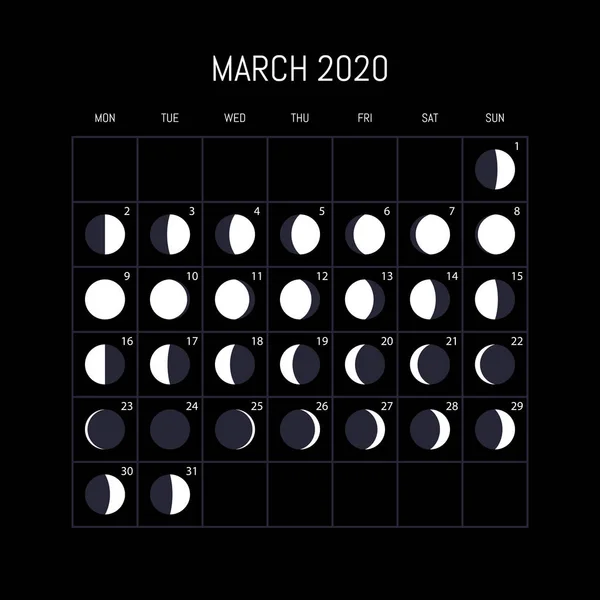 Mondphasen-Kalender für das Jahr 2020. Marsch. Nacht Hintergrund desi — Stockvektor