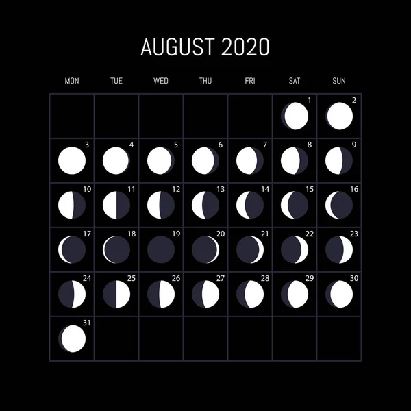 Mondphasen-Kalender für das Jahr 2020. August. Nachthintergrund — Stockvektor