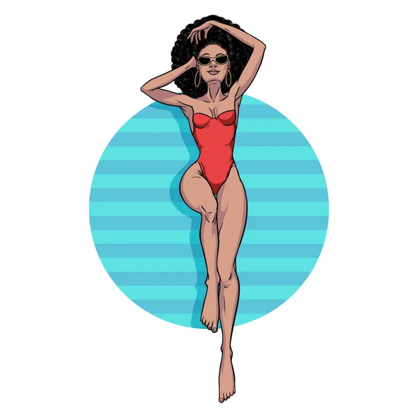 Молодая красивая черная женщина в купальнике. Пляжная девушка, бикини, сумма — стоковый вектор
