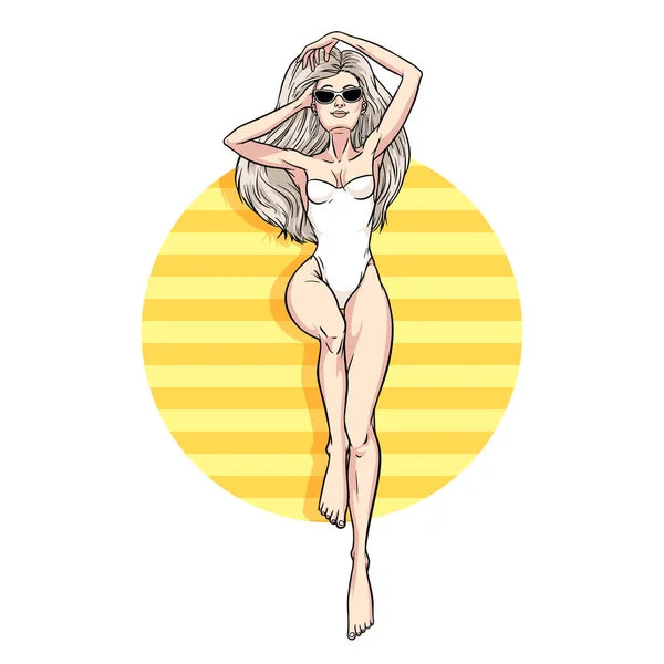 Mladá krásná blondýnka v plavkách. Plážová holka, Bikini, su — Stockový vektor