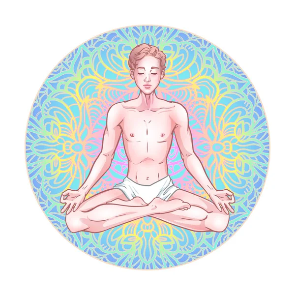 Joven hombre yogui meditando en pose de loto sobre fondo de mandala. V. — Archivo Imágenes Vectoriales