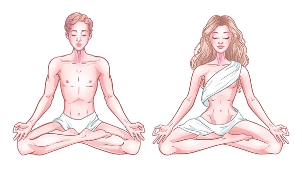 Joven meditando yoguis hombre y mujer en pose de loto aislados en w — Vector de stock