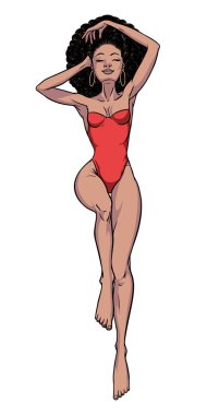 Mayo giymiş genç, güzel siyah kadın. Plaj kızı, bikini, toplamı