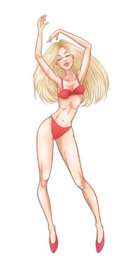 Güzel genç sarışın kadın kırmızı iç çamaşırı dans, sıcak seksi 