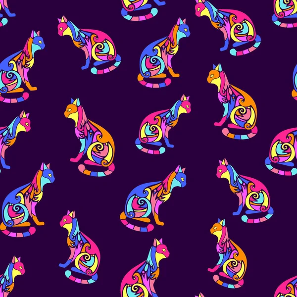 Nahtloses Muster mit dekorativ verzierten niedlichen Katzensilhouetten. te — Stockvektor