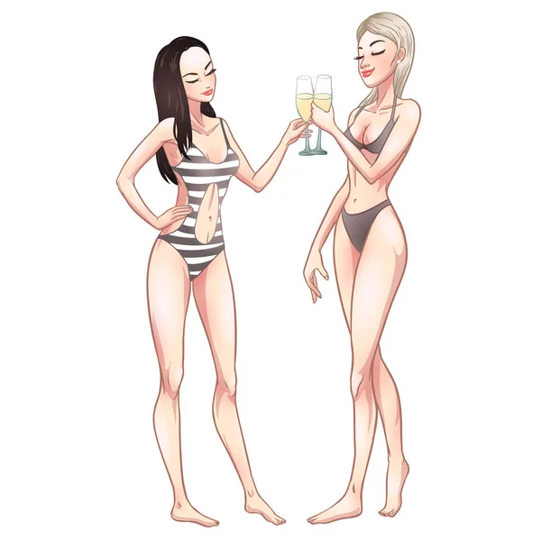 Two beautiful young women in swimsuit holding champagne glasses. — Stock Vector